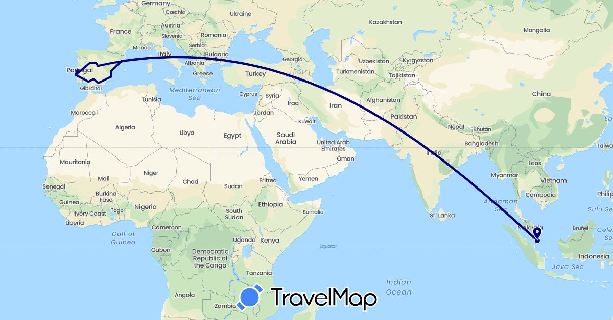 TravelMap itinerary: driving in Spain, Portugal, Singapore (Asia, Europe)